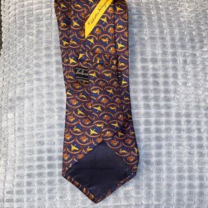 Salvatore Ferragamo Men's Navy and Orange Patterned Tie